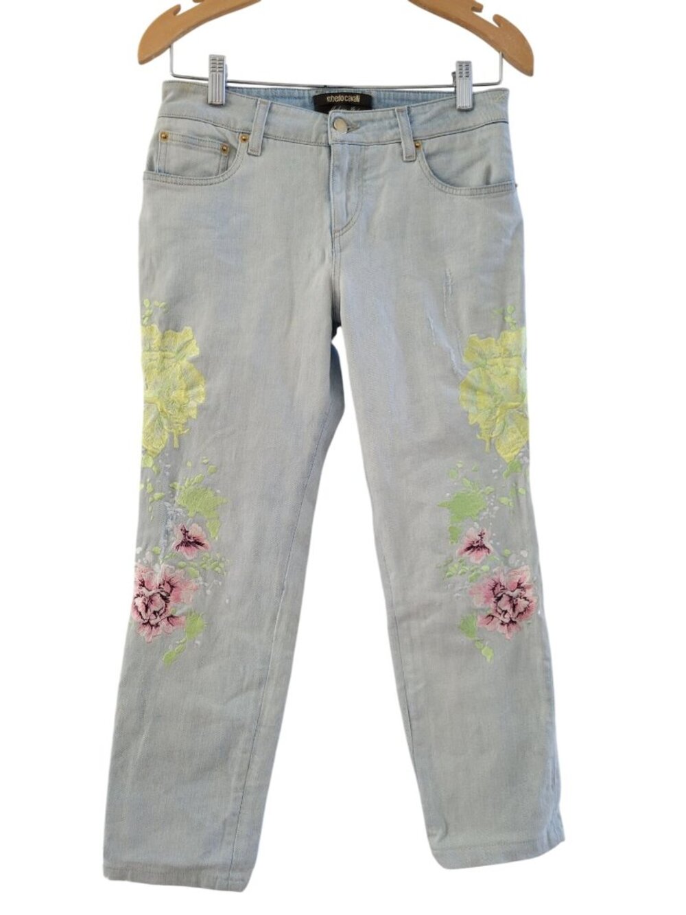 Roberto Cavalli Embroidered Floral Jeans size 6 to 8 light wash denim Italy Y2k